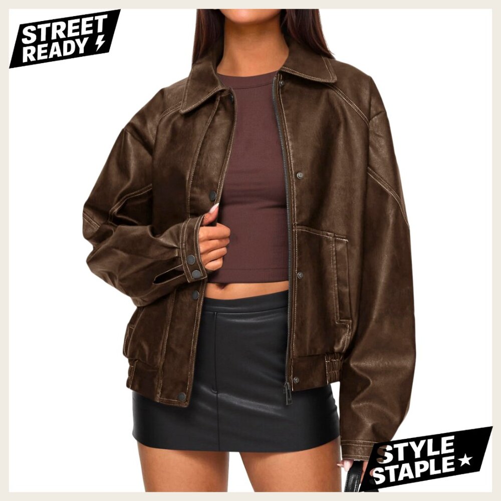 Oversized Faux Leather Bomber Jacket, Relaxed Fit, Zipper Closure, Long Sleeves